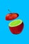 Vertical collage picture of cut special fruit juicy lime inside apple isolated on blue background