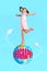 Vertical collage picture of excited crazy girl stand planet earth globe geography text flying paper planes isolated on