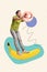 Vertical collage picture of excited overjoyed mini guy stand huge banana arms hold disco ball isolated on painted