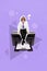 Vertical collage picture of funky small boy sitting big electronic printer isolated on painted purple background