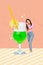 Vertical collage picture image poster of beautiful positive lady stand admire big glass tasty drink isolated on drawing