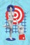 Vertical collage picture of impressed black white colors mini girl big arm point finger darts board target isolated on