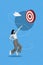 Vertical collage picture of mini excited black white gamma girl point finger send paper plane darts board target