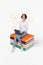 Vertical collage picture of mini positive girl sit huge pile stack book use netbook drawing geometric figures