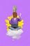 Vertical collage picture of overjoyed delighted girl pineapple instead head sitting cloud use netbook celebrate