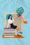 Vertical collage picture of positive mini girl sit pile stack book big arm hold planet earth globe paper text page