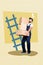 Vertical collage picture of postman courier guy arms hold pile stack carton boxes painted ladder isolated on creative