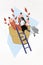 Vertical collage picture of small mini girl black white effect climb painted ladder hold rucksack touch big pencil plant