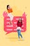 Vertical collage picture of two positive mini girls communicate big dialogue bubble isolated on creative background