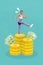 Vertical collage portrait of overjoyed excited girl stand big pile stack money coins isolated on painted background