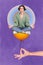 Vertical collage portrait of peaceful person sit huge arm hold balloon meditate isolated on drawing background