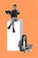 Vertical collage portrait of two girls sit floor podium black white effect read book use netbook isolated on orange
