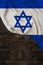 Vertical color national flag of modern state of Israel, beautiful silk, background old wood, concept of tourism, economy, politics