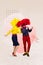 Vertical composite collage illustration of two overjoyed people dancing flowers instead head isolated on painted