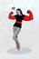 Vertical composite collage image of positive sportive girl painted arms showing flexing strong big biceps black white