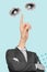 Vertical composite collage picture of business person crossed pointing finger instead head eyes look empty space