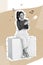 Vertical composite collage portrait of positive person black white gamma sitting use hold telephone enjoy music chatting