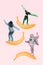 Vertical composite collage of three people black white gamma dancing stand hands huge banana isolated on creative