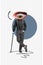 Vertical composite creative photo collage of headless man big eye instead of head standing leaning on cane isolated on