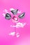 Vertical composite creative surrealistic photo collage of women tongs licking discoball lollipop isolated on pink color