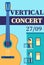 Vertical concert under balconies invitation template. Live music flyer design with acoustic guitar. Vector illustration poster,