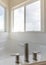 Vertical Corner bathtub in a bathroom with widespread faucet against the windows