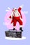 Vertical creative collage of excited funky mini santa stand huge boombox dancing point fingers newyear event fun