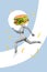 Vertical creative collage image of funny attractive sportswoman sportswear running jumping exercise burger instead head