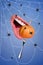 Vertical creative collage image of human mouth teeth bite fork hold pumpkin little spiders web isolated on drawing