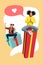 Vertical creative collage image of positive funny funky young couple guy girl have fun sitting riding holiday present