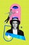 Vertical creative collage image of positive young female magician cut hat slice man flying freak bizarre unusual fantasy