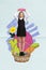 Vertical creative collage photo of impressed positive schoolgirl standing on basket hold cookie over head isolated on