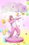 Vertical creative collage picture elderly man pensioner dancer funky easter celebration falling painted colorful eggs