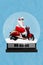 Vertical creative collage of positive carefree optimistic santa on scooter in glass christmas toy isolated on blue color