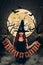 Vertical creative collage of smiling witch girl wear cone hat arms hold halloween letter flags isolated on dark forest