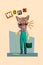 Vertical creative composite 3d photo collage of serious funny man worker with cat head clean apartments isolated drawing