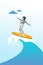 Vertical creative composite abstract photo collage of happy excited woman riding wave on surfing board isolated on