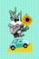 Vertical creative composite artwork photo collage of man play guitar with sunflower go on tour by car isolated on