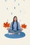 Vertical creative composite photo collage of focused woman hold maple leaves in fingers meditate in under rain isolated