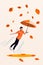 Vertical creative composite photo collage of positive handsome man flying under fallen leaves with umbrella isolated on