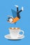 Vertical creative composite photo design of weird headless guy clock instead of head falling in cup of coffee isolated