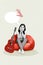 Vertical creative composite sketch photo collage of thoughtful dreamy girl sit on bean bag with guitar isolated drawing