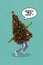 Vertical creative photo collage of funny careless person fer tree instead of body wish happy new year isolated on blue