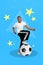 Vertical creative photo collage of overjoyed happy positive lucky guy foot on ball win game match isolated on blue color