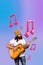 Vertical creative picture collage young joyful man guitarist player acoustic instrument musician notes melody