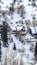 Vertical crop Park City mountain slope with houses amid fresh snow and evergreens in winter