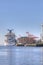 Vertical of of Cruise ship docked in Halifax, Nova Scotia harbour