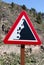 Vertical danger rocks sign in canary islands