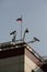 Vertical day shot of three cctv surveillance cameras on the walls of the Parlament and a flag of Russia on a blue sky background