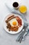 Vertical of delicious irish breakfast. Classic irish cuisine on white plate.